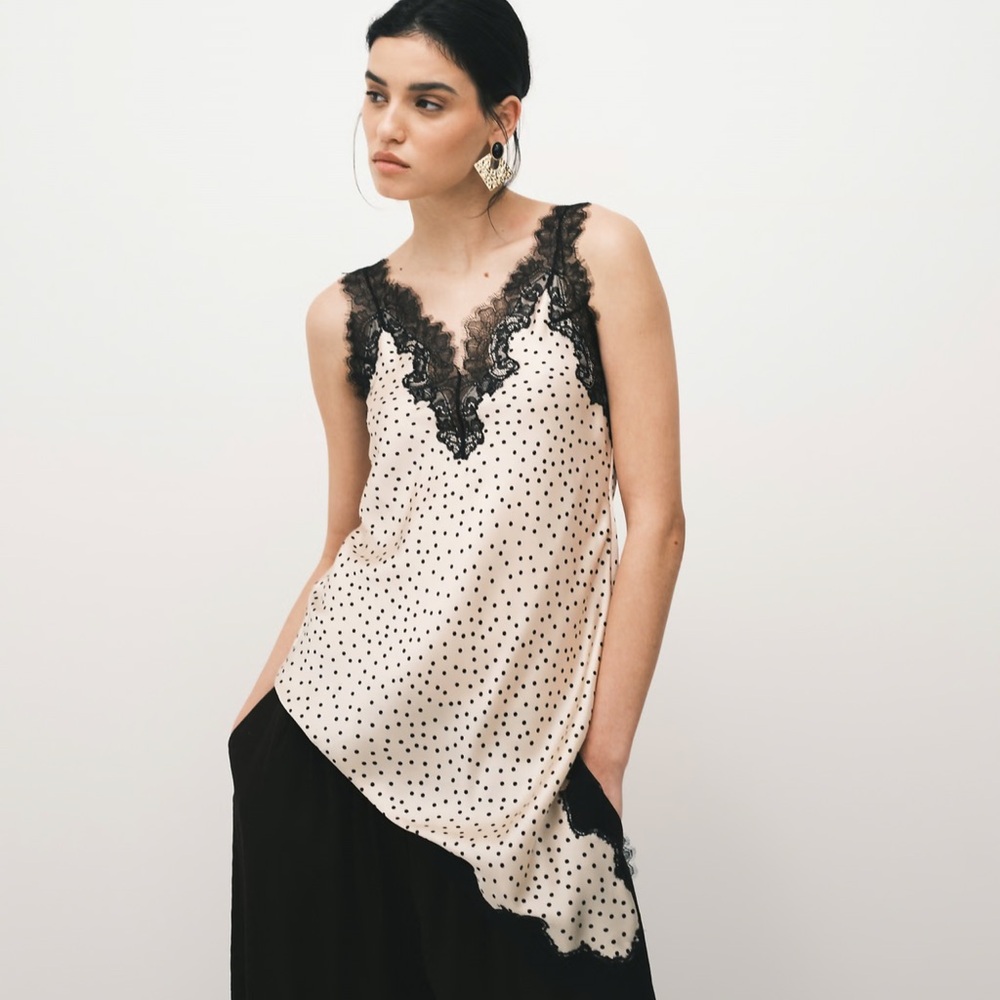 NWT MANGO Polka Dot Lace Trim Satin Top